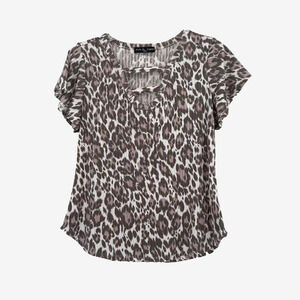 Kim & Cami Womens Small Leopard Print Top Keyhole Neck Flutter Sleeve Stretch